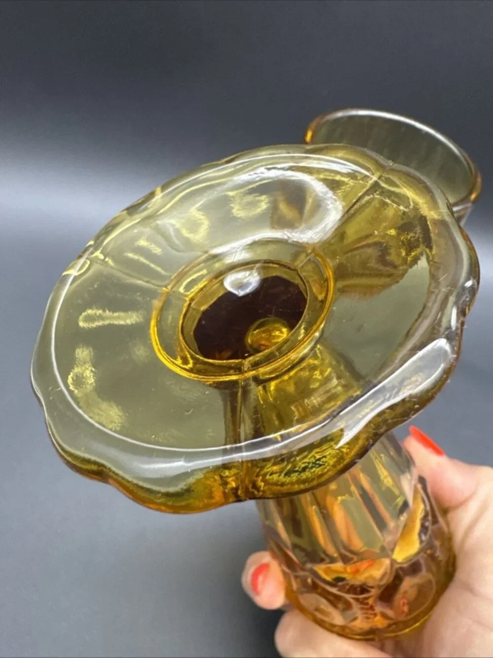 VTG MCM LE Smith Glass Moon Stars Amber Bud Vase Pair Fall Decor